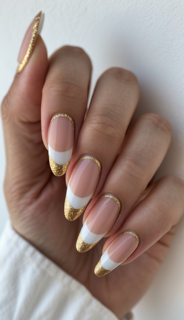 Hand resting against a light background, showcasing nude nails with white French tips and thin gold glitter borders, presented as a refined Graduation Nail Art Idea.