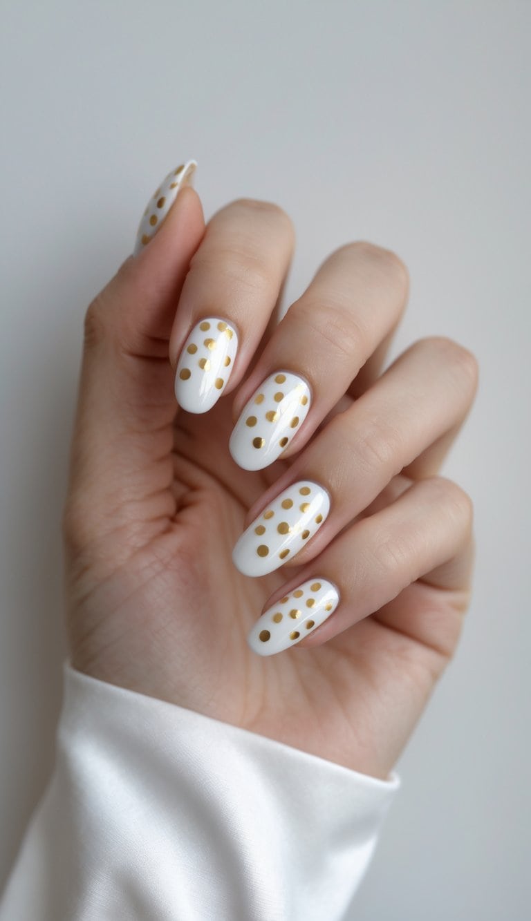 Hand posed in soft light showing glossy white nails with gold polka dots across each nail, presented as a playful Graduation Nail Art Idea.