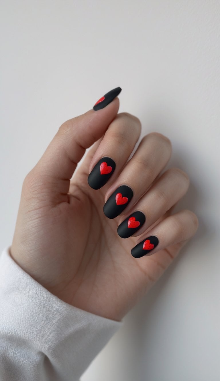 Fingers curled slightly, displaying matte black nails with bold 3D-style red hearts—an eye-catching example of february nail art ideas with attitude.