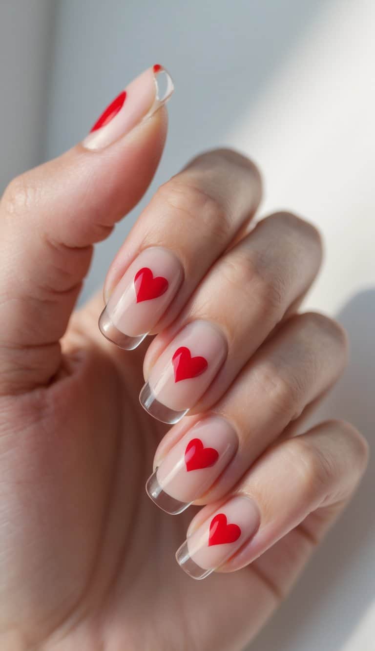 Close-up of one hand with clear nails decorated with small red heart designs on each nail against a white background.