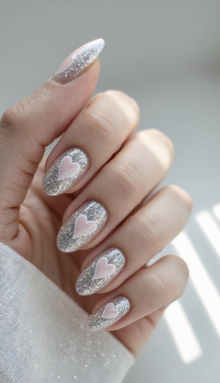 Close-up of a hand showing silver glitter nails with light pink heart decals—capturing bold yet sweet february nail art ideas.
