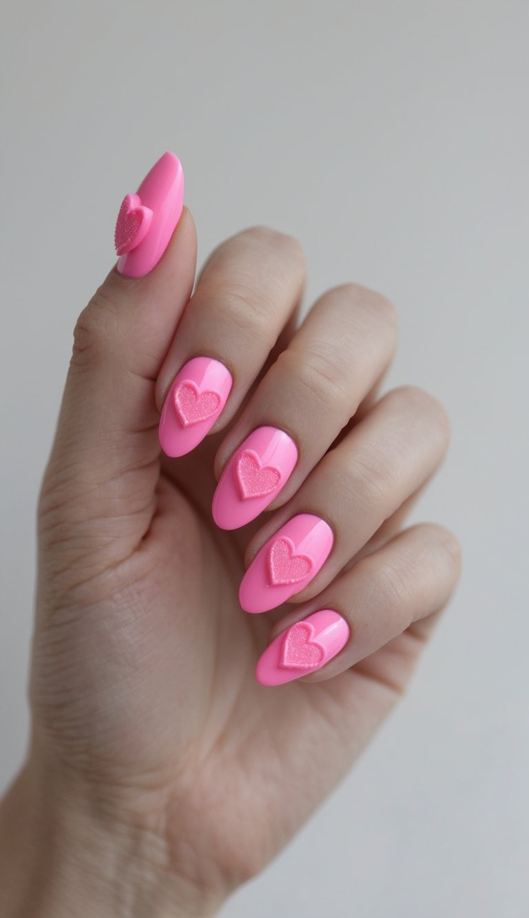 Close-up of a hand with glossy pink nails featuring 3D heart designs—bold and bright february nail art ideas full of flirty charm.