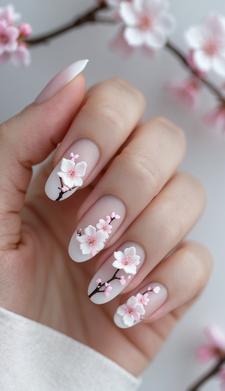 Detailed view of fingers with neutral-toned nails, each decorated with tiny white cherry blossoms and pink buds—botanical february nail art ideas with finesse.