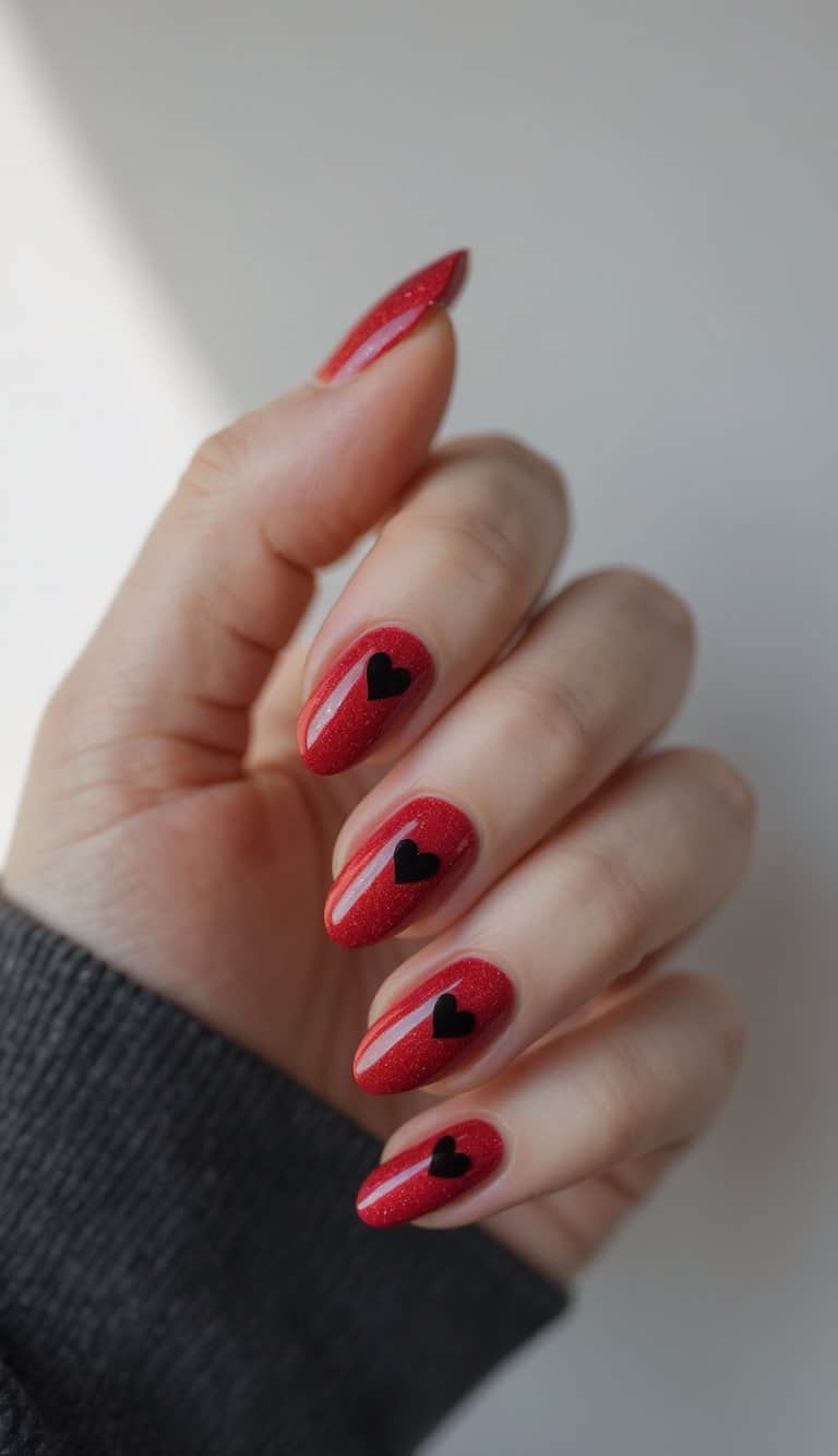 Close-up of hand with red shimmer nails and small black hearts centered on each tip—elegant and edgy february nail art ideas.