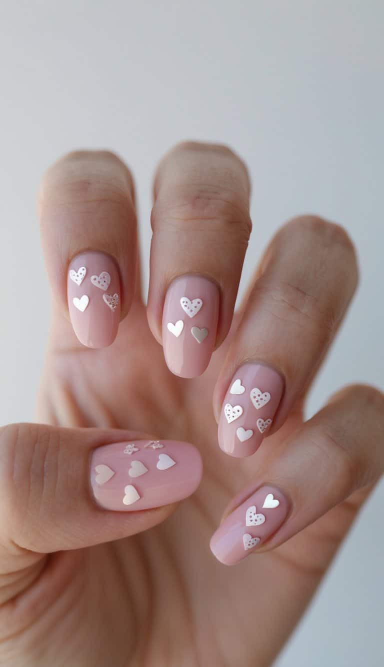 Close-up of hands featuring blush pink nails with scattered white and dotted heart designs—perfect for soft and playful february nail art ideas.