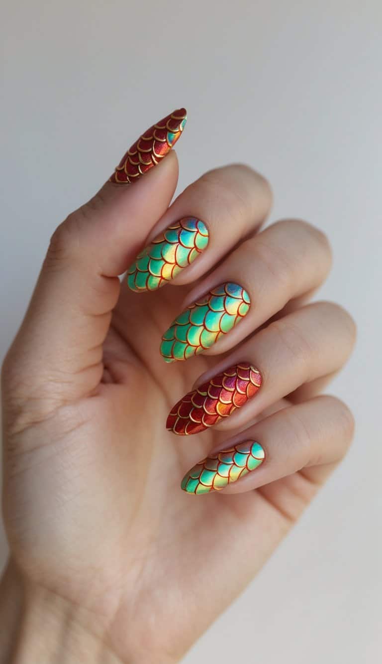 Seen from an angled view, a hand displays metallic red and green nails with gold scale detailing inspired by a festive lunar new year nail art idea.