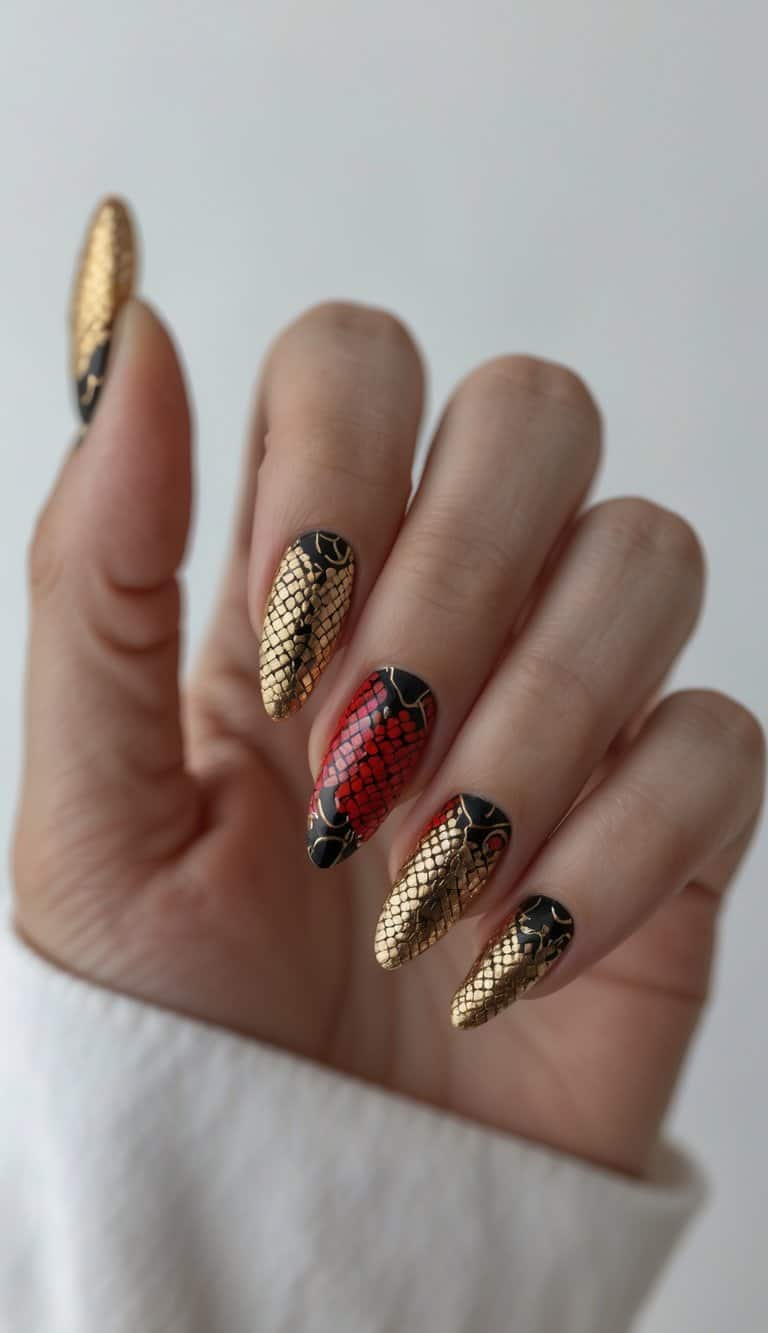 A close-up captures a hand with long almond nails featuring gold scale textures, black detailing, and a vivid red accent, reflecting a bold lunar new year nail art idea.
