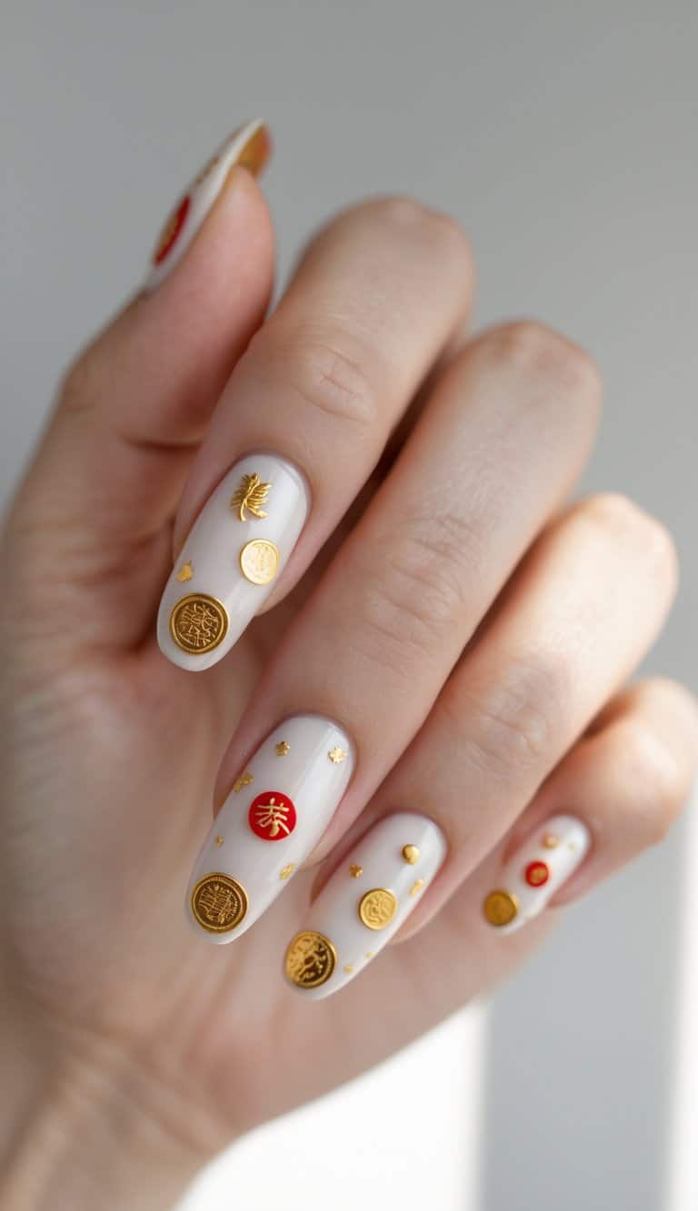 A softly lit image captures a hand with white almond nails embellished with gold charms and a small red symbol, highlighting a modern lunar new year nail art idea.