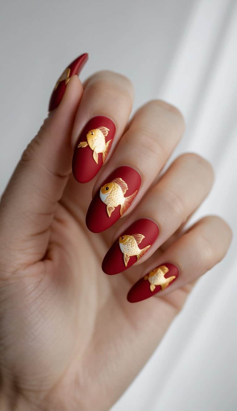 A close-up shows a hand with matte red almond nails decorated with raised gold fish accents, creating a bold and symbolic lunar new year nail art idea.