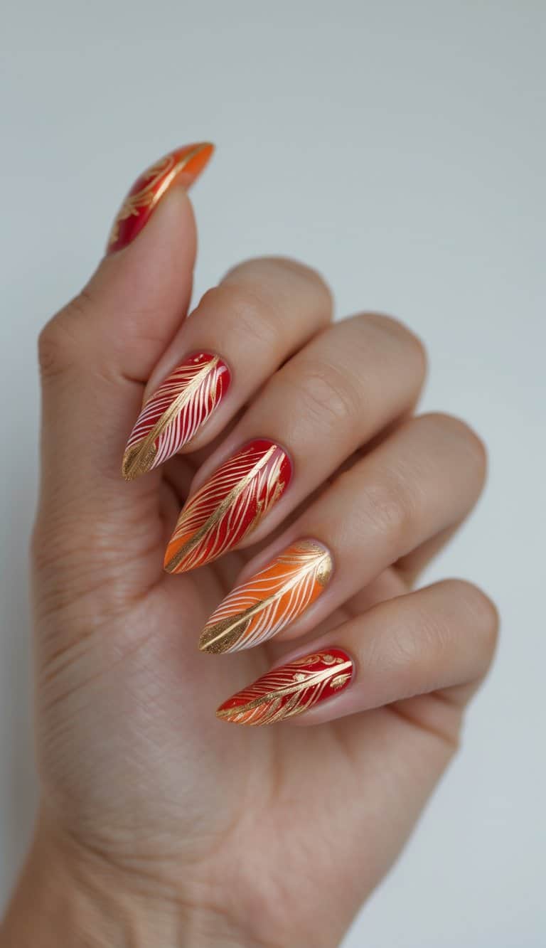 Seen up close, a hand features almond nails in red and orange shades, decorated with thin gold lines that highlight a modern lunar new year nail art idea.