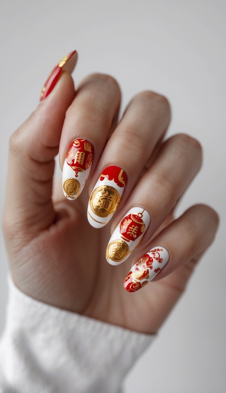 From an angled perspective, a hand shows white and red almond nails decorated with gold coin details, highlighting contrast in a modern lunar new year nail art idea.