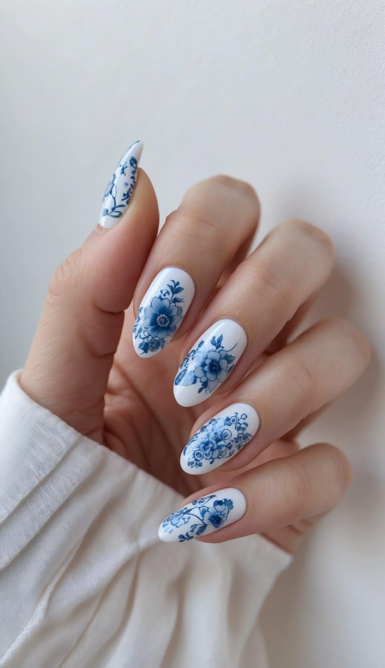 Seen up close, a hand displays almond nails painted white with fine blue floral illustrations, forming a delicate lunar new year nail art idea with a porcelain feel.