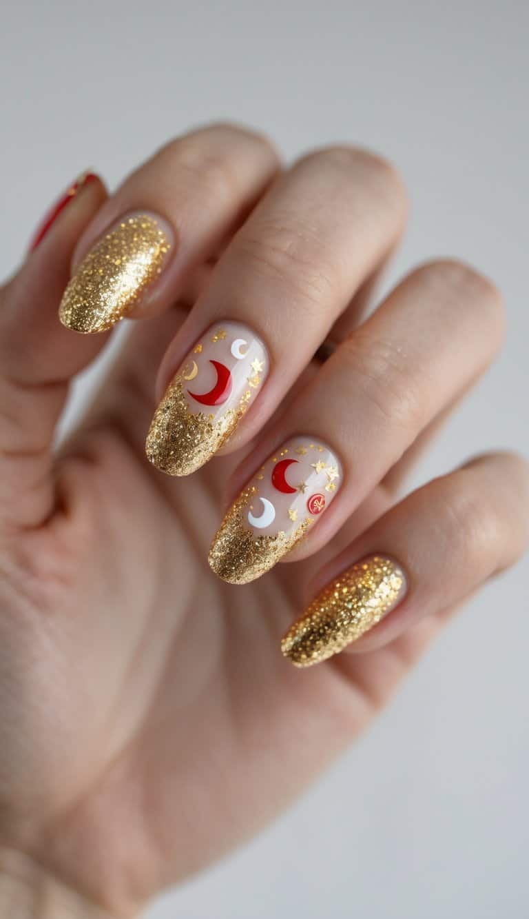 An angled close-up shows a hand wearing gold glitter nails mixed with nude accent nails decorated with crescent moons and star details, highlighting a modern lunar new year nail art idea.