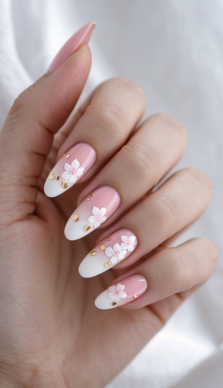 A hand is shown with almond-shaped nails in pink and white tones, featuring raised floral designs and small gold accents, creating a gentle lunar new year nail art idea.