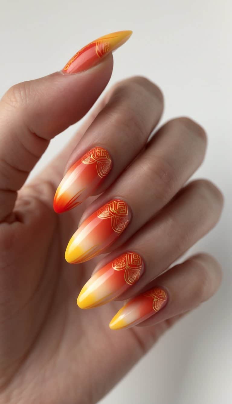 A close-up shows a hand with long almond nails featuring a red and yellow gradient, accented by delicate gold line designs that form a refined lunar new year nail art idea.