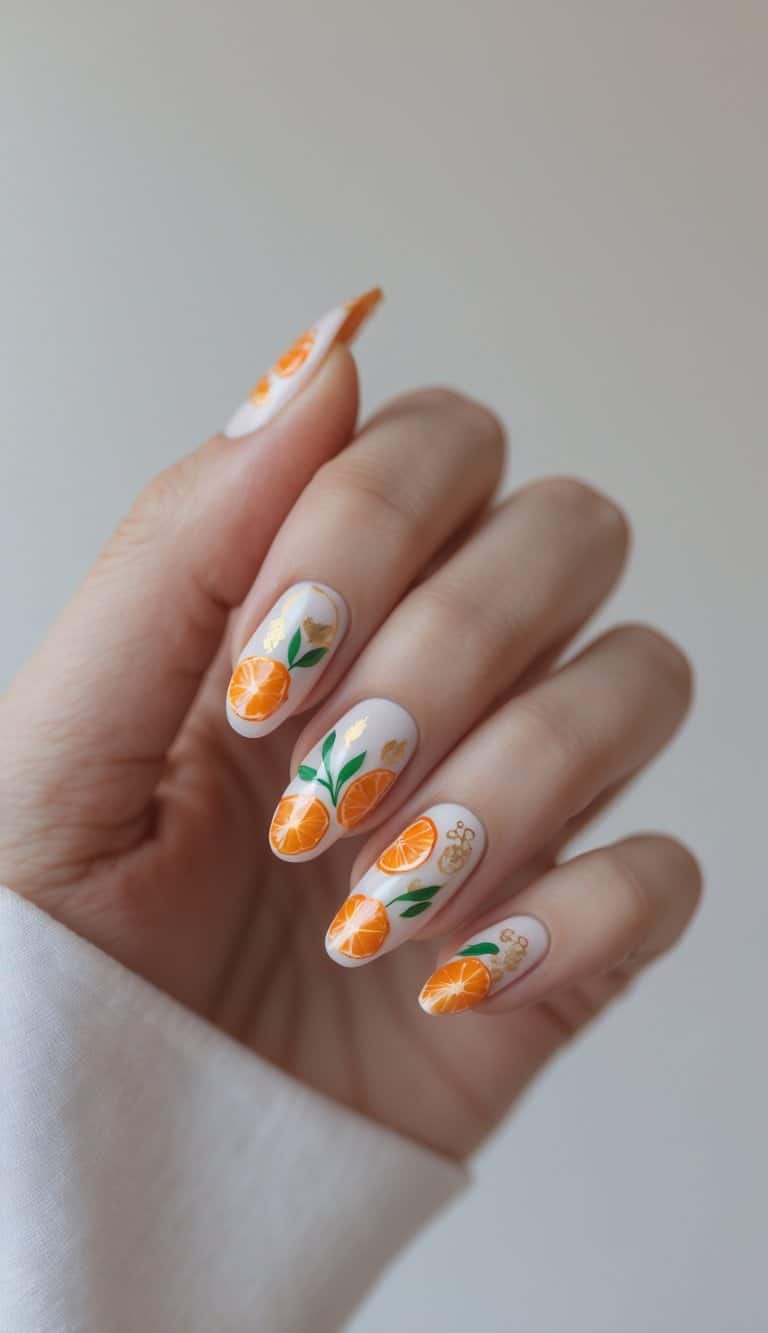 A hand with almond-shaped white nails features detailed orange slice artwork, green leaf motifs, and small gold elements, forming a cheerful lunar new year nail art idea.