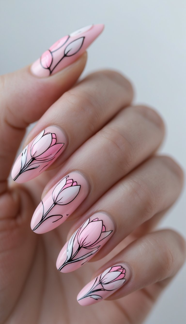 Almond-shaped nails on a hand, painted in pastel pink with intricate flower illustrations in black, white, and shades of soft rose—an artistic april nail art idea.