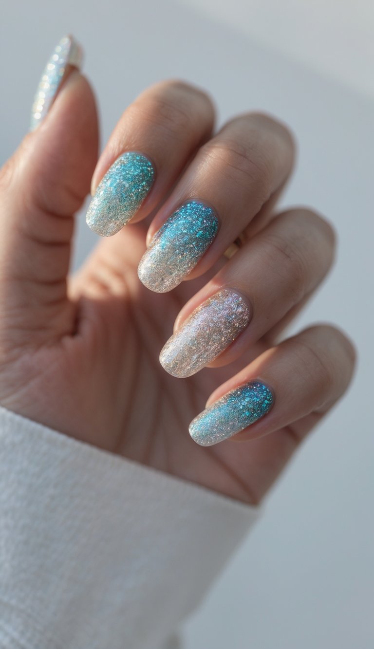 Fingertips with long nails painted in a glitter ombré effect—from silver shimmer to teal blue sparkle—resembling a luminous april nail art idea inspired by the sea.