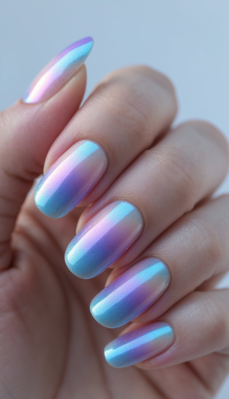 A hand with almond-shaped nails finished in a smooth chrome gradient blending baby blue, pink, and lavender—a dreamy april nail art idea with a glossy glow.