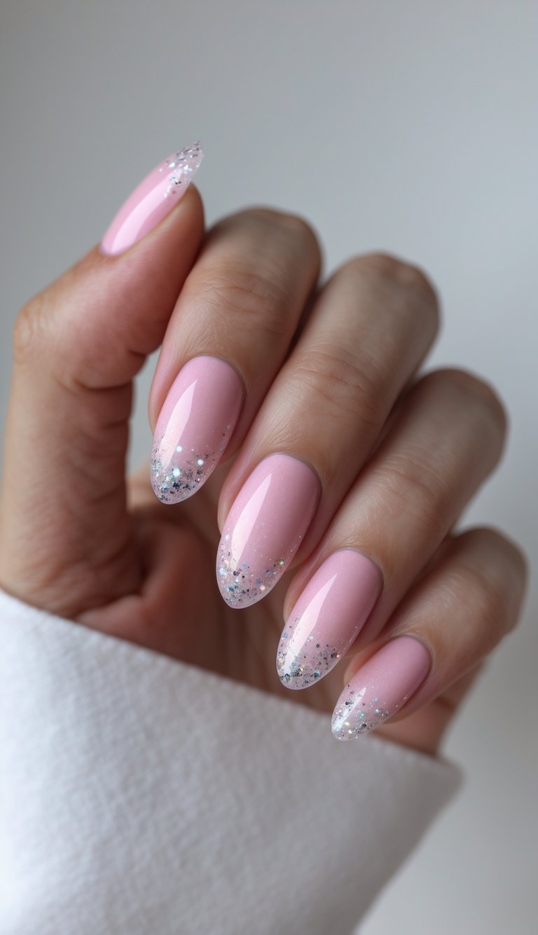 A hand with almond-shaped nails painted in a glossy pastel pink, each nail finished with a gradient of silver glitter at the tips—an elegant april nail art idea.