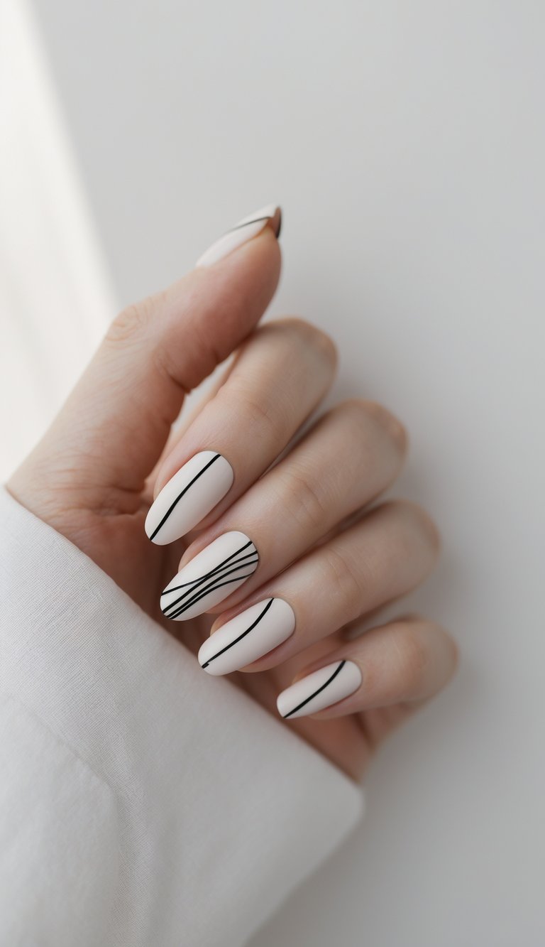 Fingertips with matte white nails detailed with thin black lines—some wavy, some straight—creating a clean, architectural april nail art idea.