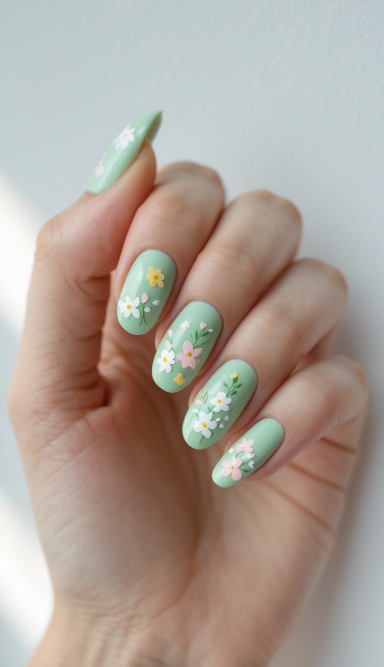 Close-up of a hand showing sage green nails, each designed with petite flowers in white, pink, and yellow—a fresh and natural april nail art idea.