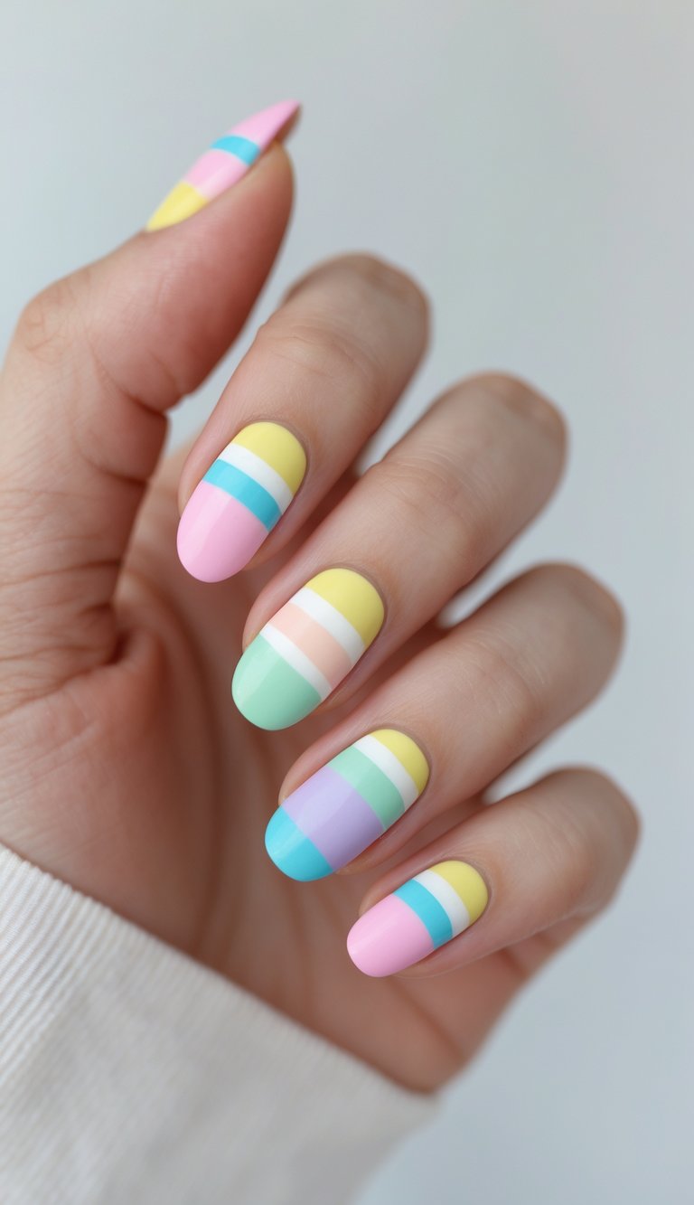 Close-up of a hand with nails painted in alternating pastel stripe patterns including peach, lilac, lemon, mint, and pink—a joyful april nail art idea.