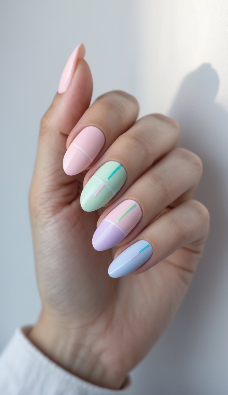 Hand featuring spring-ready almond nails in pink, lavender, green, and blue blocks, each split with delicate neon detailing—fun and fresh for an april nail art idea.
