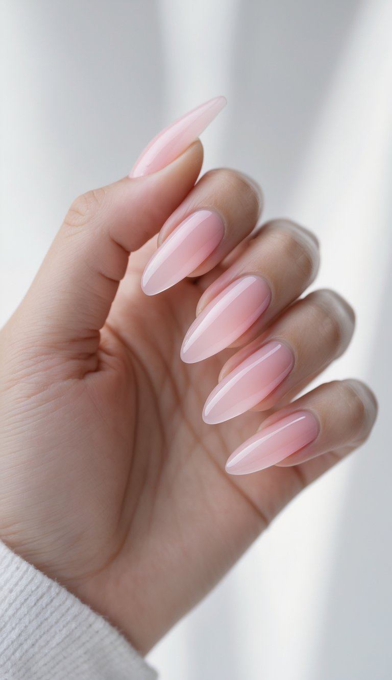 Delicate hand with translucent pink almond nails, reflecting a clean girl nail art idea with watercolor-like fading and a glassy finish