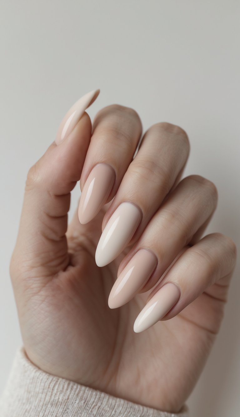 Close-up of one hand with neatly manicured nails shoHand with alternating nude almond nails in creamy latte and porcelain tones, showcasing a clean girl nail art idea with minimal yet stylish flairwing subtle beige ombre nail art against a white background.