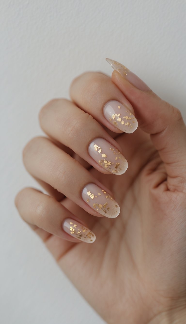 Hand with almond-shaped nails in sheer nude, detailed with scattered gold foil pieces, illustrating a clean girl nail art idea with delicate, champagne-like shimmer