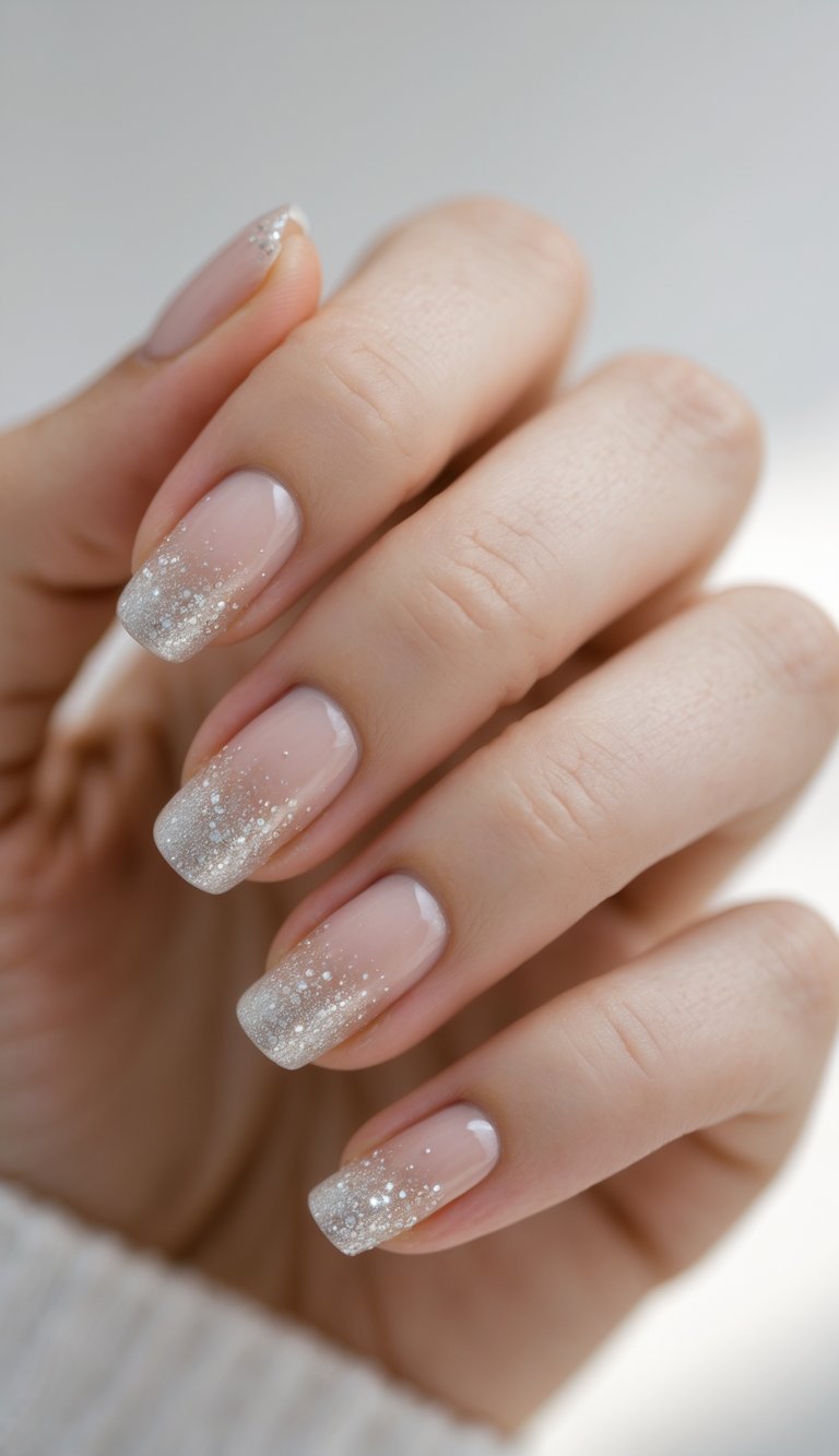 Feminine hand with nude square nails, styled with a clean girl nail art idea that includes subtle glitter tips fading gently toward the cuticle