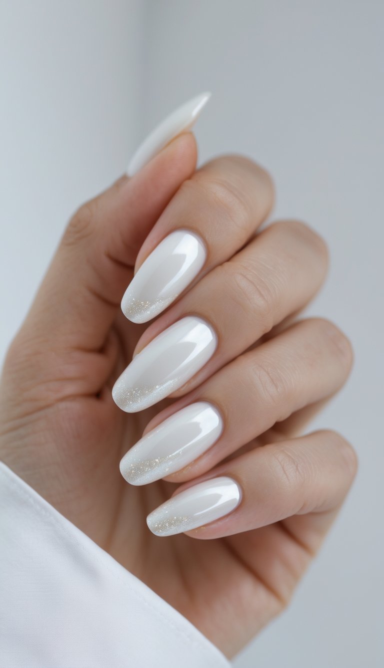Hand with medium almond nails painted in glossy white, showing a clean girl nail art idea with subtle shimmer dusted along the tips for a pearly glow