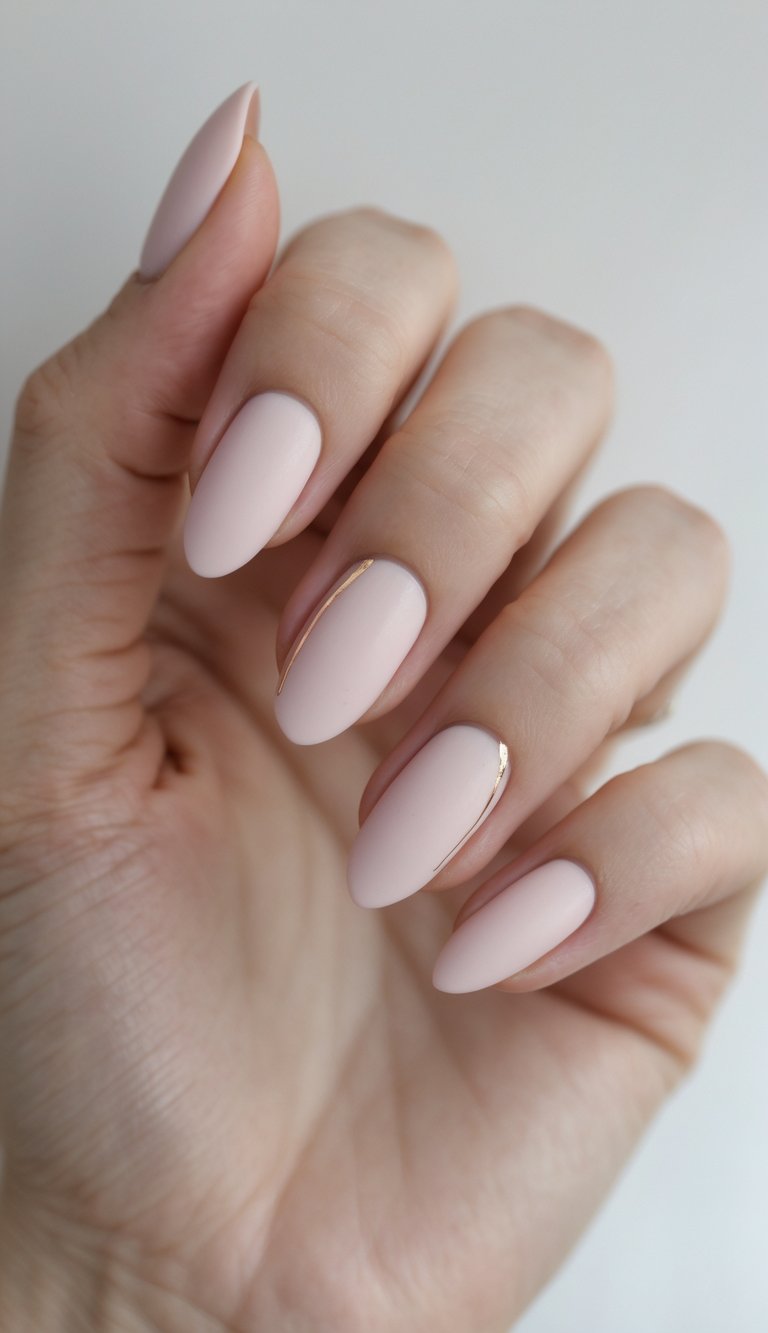 Soft blush almond nails with a matte finish, featuring a clean girl nail art idea where two nails are outlined with a fine gold curve at the base