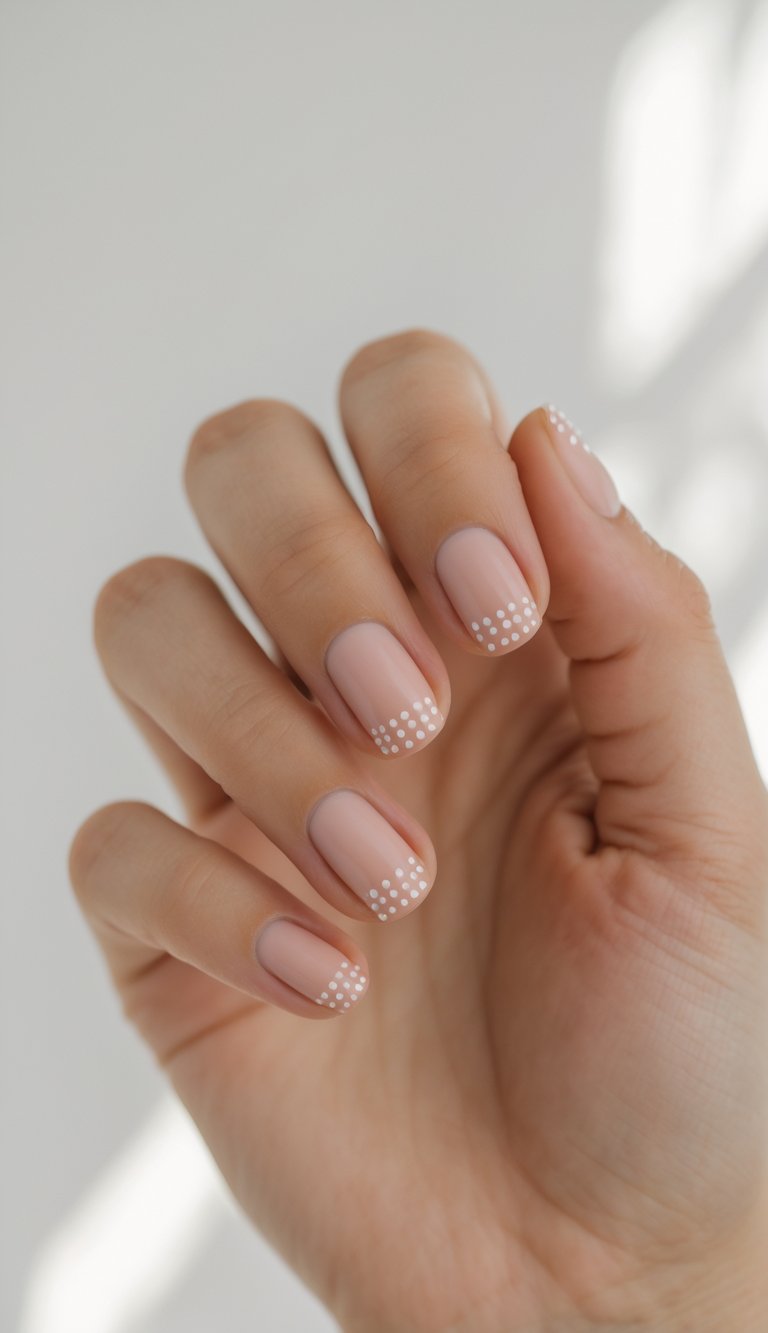 Hand with short nude nails featuring a clean girl nail art idea with tiny white polka dots clustered at the tips, creating a soft and delicate design