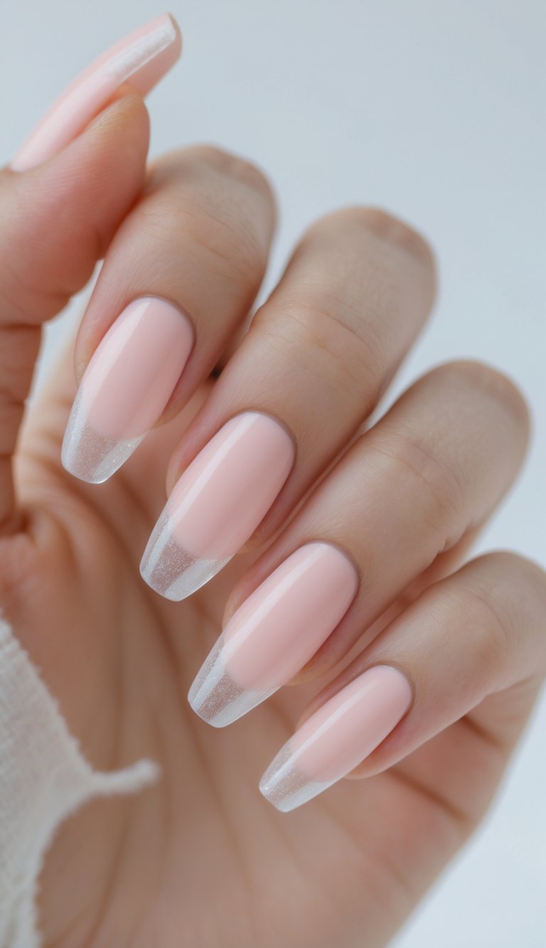 Hand featuring medium-length almond nails in blush pink, blending into sheer glittered tips for a clean girl nail art idea with subtle shine and elegance