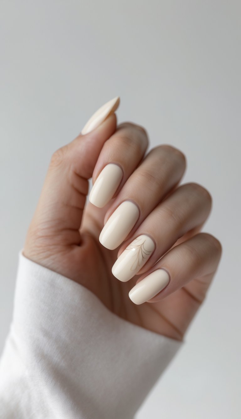 Close-up of ivory-toned nails on a feminine hand, featuring a clean girl nail art idea with a soft botanical accent on one nail for a natural touch