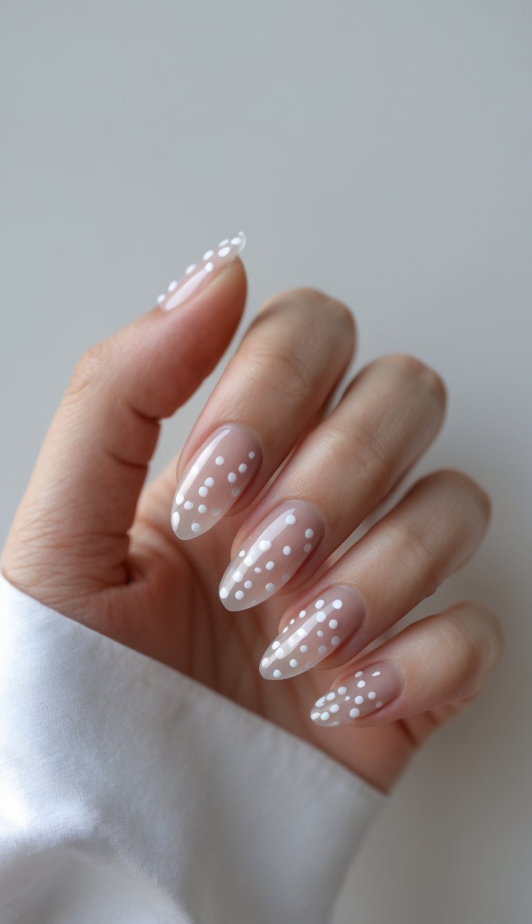 Hand with almond-shaped sheer nude nails, showcasing a clean girl nail art idea with vertical rows of white dots concentrated toward the tips