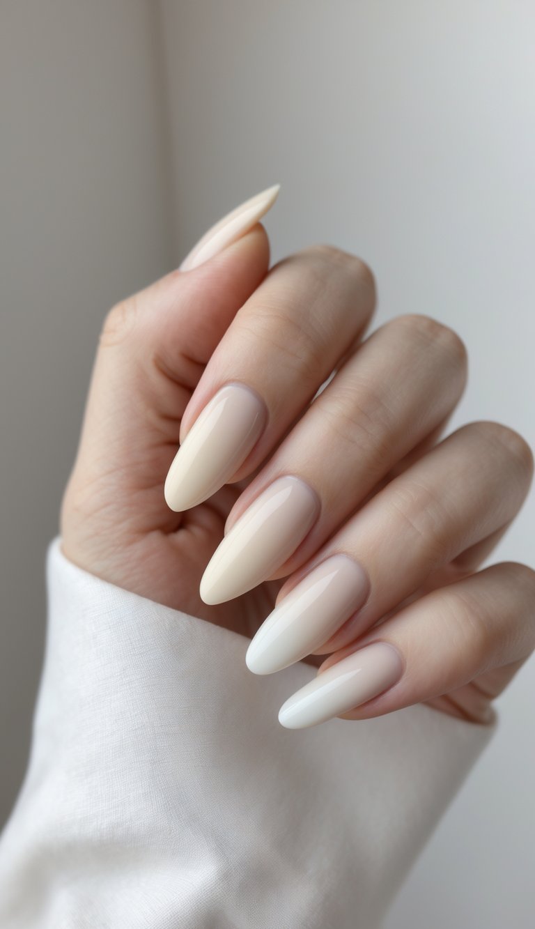 Feminine hand with gradient nude-to-white nails in glossy finish, highlighting a clean girl nail art idea with a seamless soft neutral transition