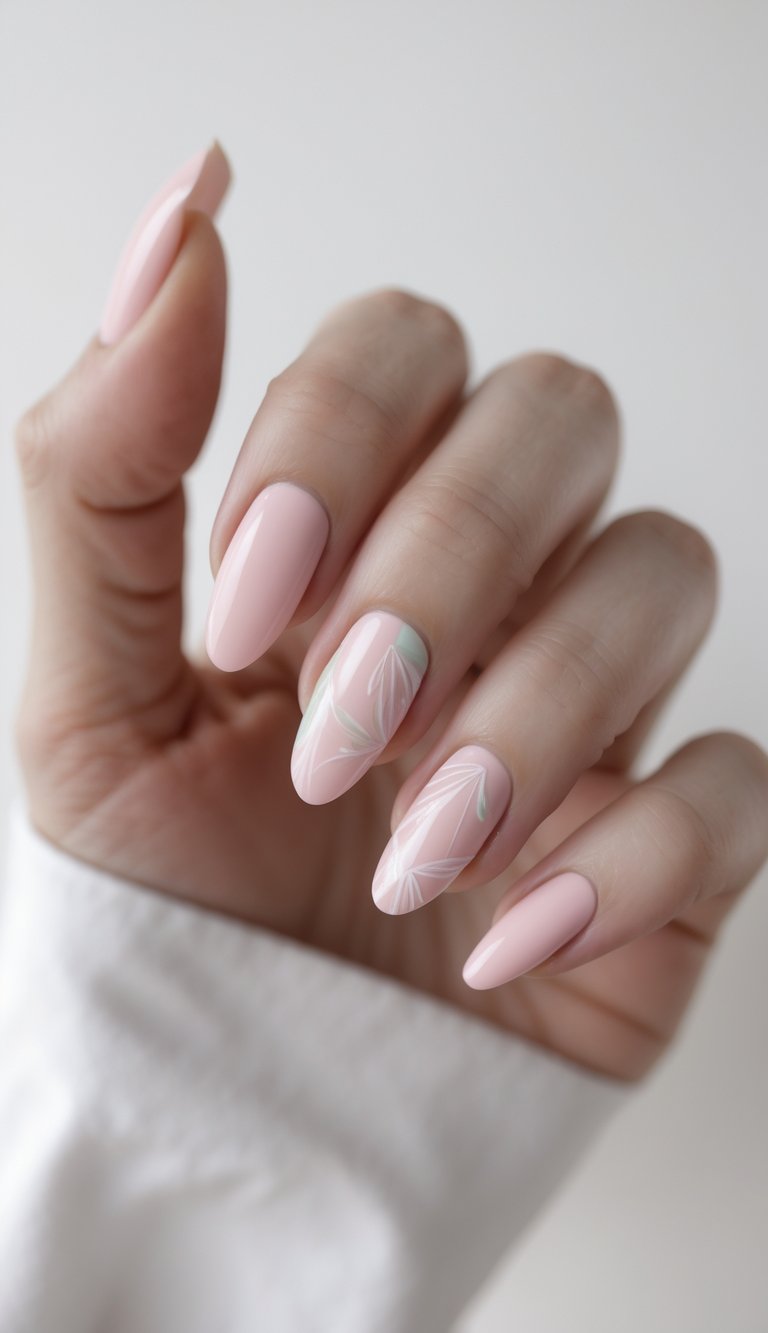 Close-up of a hand with long, soft pink nails accented by subtle white and mint leafy line art, creating a minimalist pastel nail art look.