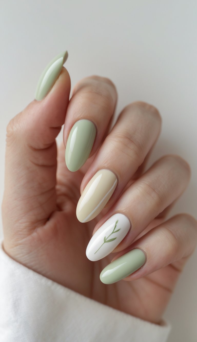Hand with pastel-colored nails in sage green, ivory, and beige, accented by a single nail featuring a minimalist green botanical line drawing.