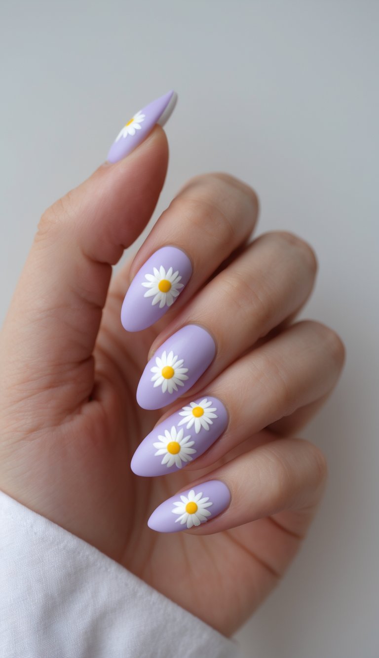Close-up of a hand featuring soft lavender matte nails, each one topped with dimensional white daisy petals and a golden-yellow center for a bold floral effect.