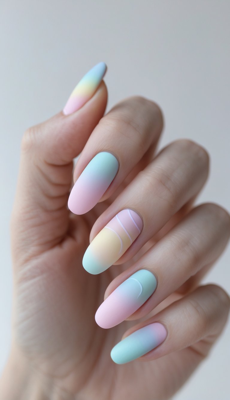 Close-up of a hand showcasing pastel gradient nails in a matte finish, transitioning softly from mint to blush with white curved line detailing.