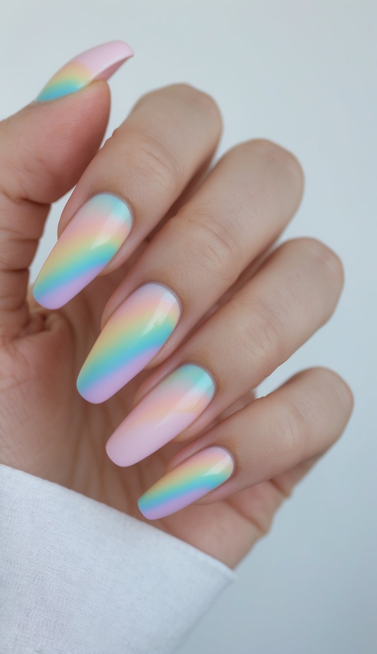 Close-up of pastel rainbow nails with soft ombré blends in multiple shades, arranged diagonally for a light, colorful manicure.