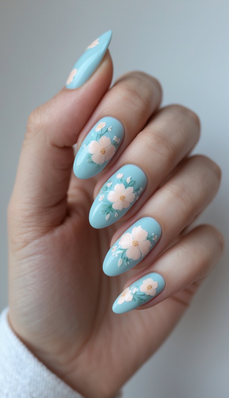 Pastel blue nails with peach flower art and green leaf accents, showcasing a delicate and elegant floral nail design.