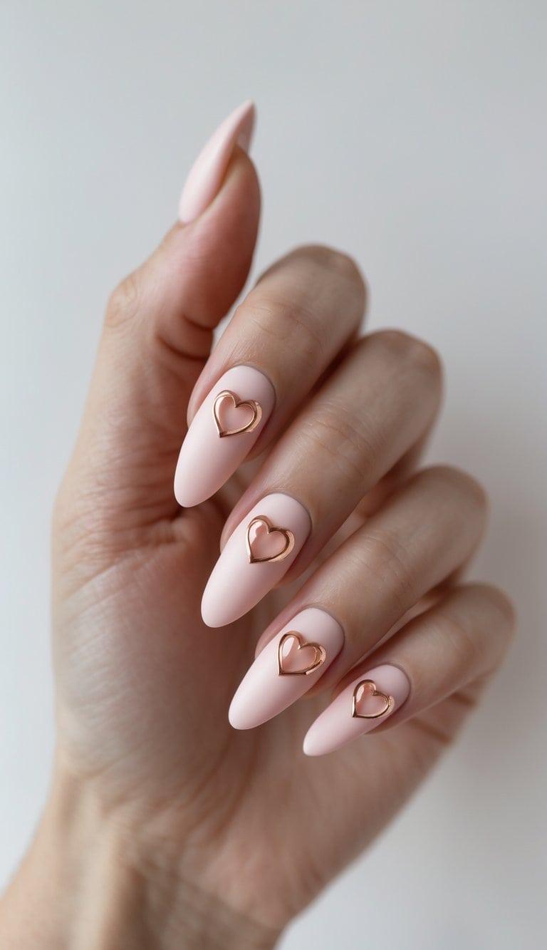 Hand with long matte nude-pink almond nails, each nail topped with a rose-gold heart outline — a refined example of romantic nail art ideas
