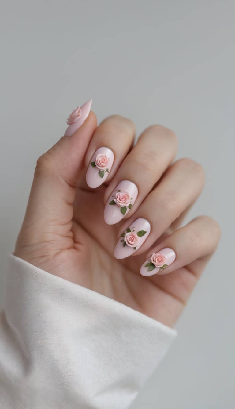 Feminine hand showing glossy nude-pink nails with sculpted 3D roses and textured green leaves — perfect for romantic nail art ideas