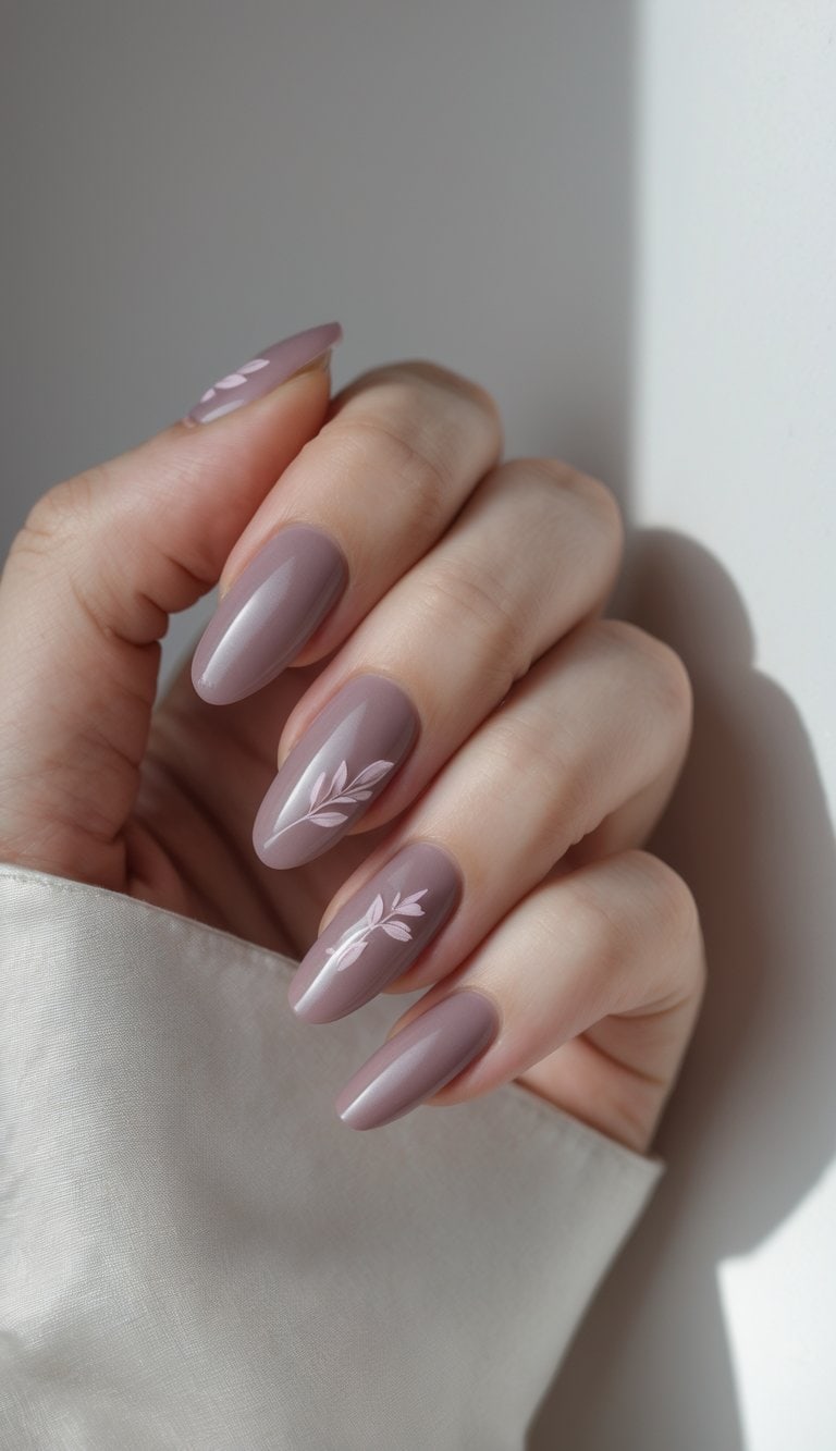 Close-up of a hand with shiny mauve almond nails and minimal white leaf branch designs, showcasing romantic nail art ideas