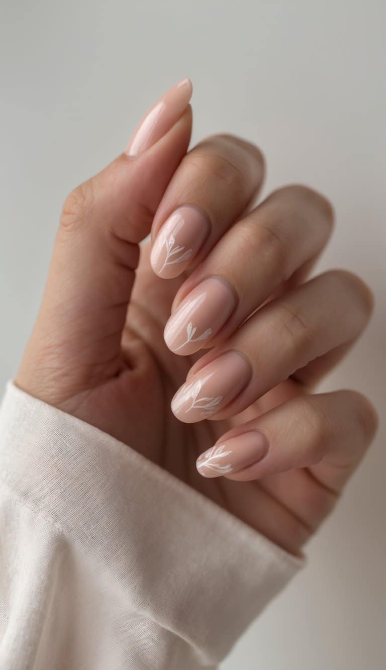 Hand with nude-peach translucent nails decorated with white leaf illustrations — a clean and elegant romantic nail art idea