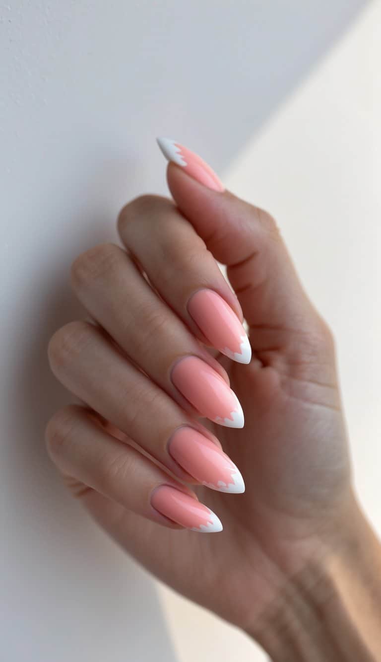 Close-up of hand showing peach-toned nails with jagged white French tips — a bold spin on romantic nail art ideas